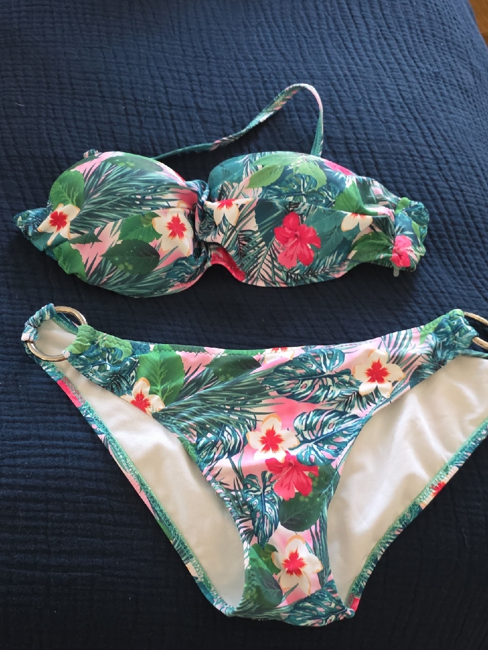 Tropical Floral Bandeau Bikini Set - Green & Pink